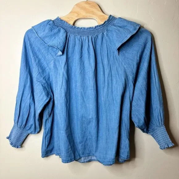 Old Navy Blouse Women's 4X Puff Sleeve Jean Ruffle Trimmed Poet Chambray Peasant - Picture 2 of 10